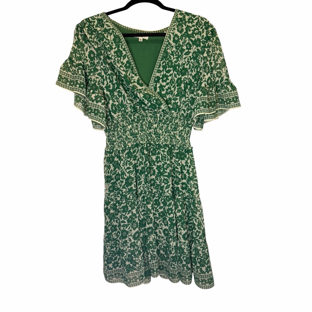 Max Studio Green Floral Wrap-Style Smocked Midi Dress